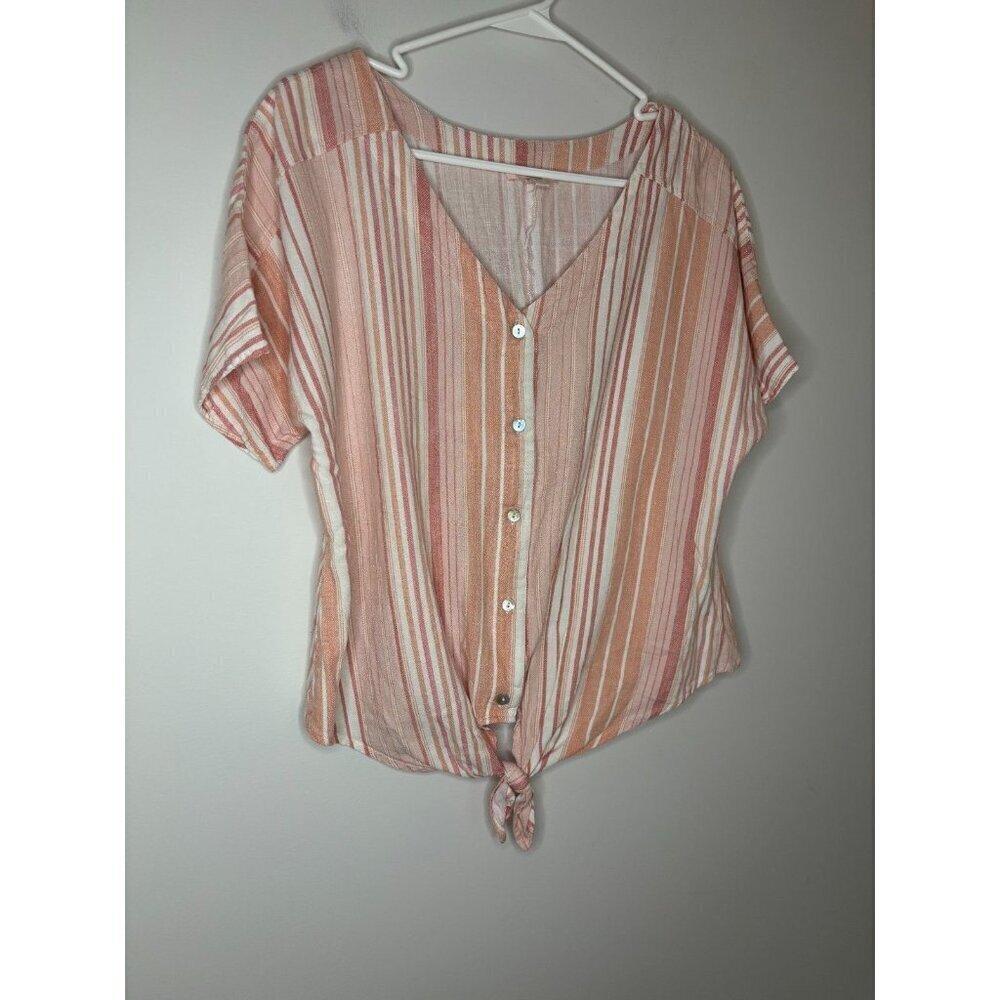 COMO Vintage Linen Blend Striped Tie Front Top Women L Pink White V-Neck Cottage